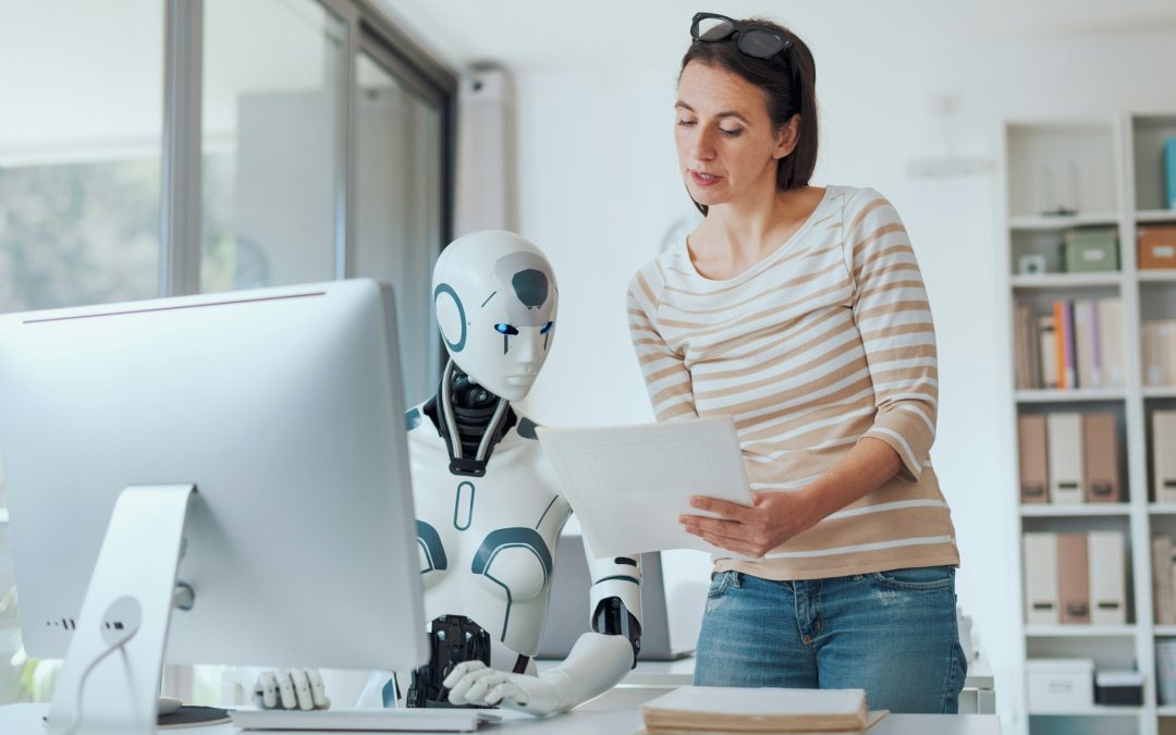 Woman and AI robot working together